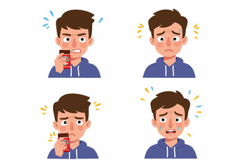 Young man's progression of unpleasant reactions to a bad-tasting food, showing disgust, worry, and sadness.