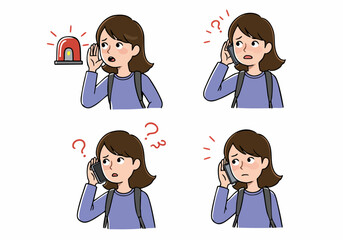 Woman reacts to an alarm and phone calls with expressions of confusion and worry, illustrating a crisis or emergency situation.