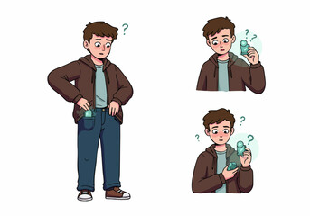 Young man's puzzled discovery of an unexpected item in his pocket, illustrating confusion and uncertainty.