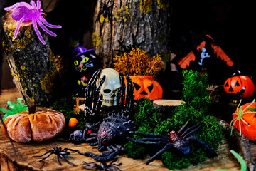 All Saints Day on a dark glade with a funny skull, spiders, black hands and other characters in the...