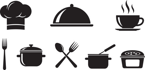 Collection of black silhouette icons representing cooking and dining chef hat cloche