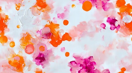 Vibrant pink and orange watercolor splashes blend on white background creating dreamy abstract pattern with fluid organic shapes and delicate color transitions.