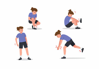 Illustration depicting a person experiencing various types of body pain and injuries, including ankle sprain, wrist pain, and leg discomfort, often associated with sports or physical activity.