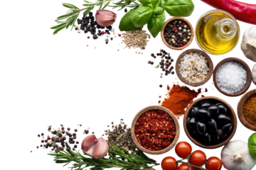 Colorful array of spices and herbs arranged in a frame