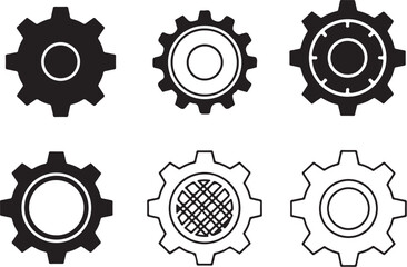 Set of Six Black and White Silhouette Gear Icons cogwheel mechanism
