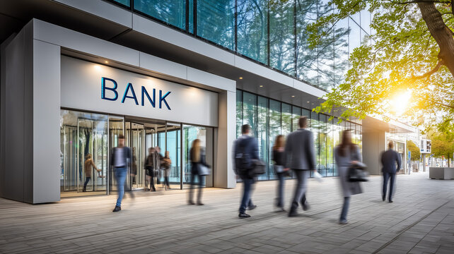 Business professionals walking towards modern bank entrance in city