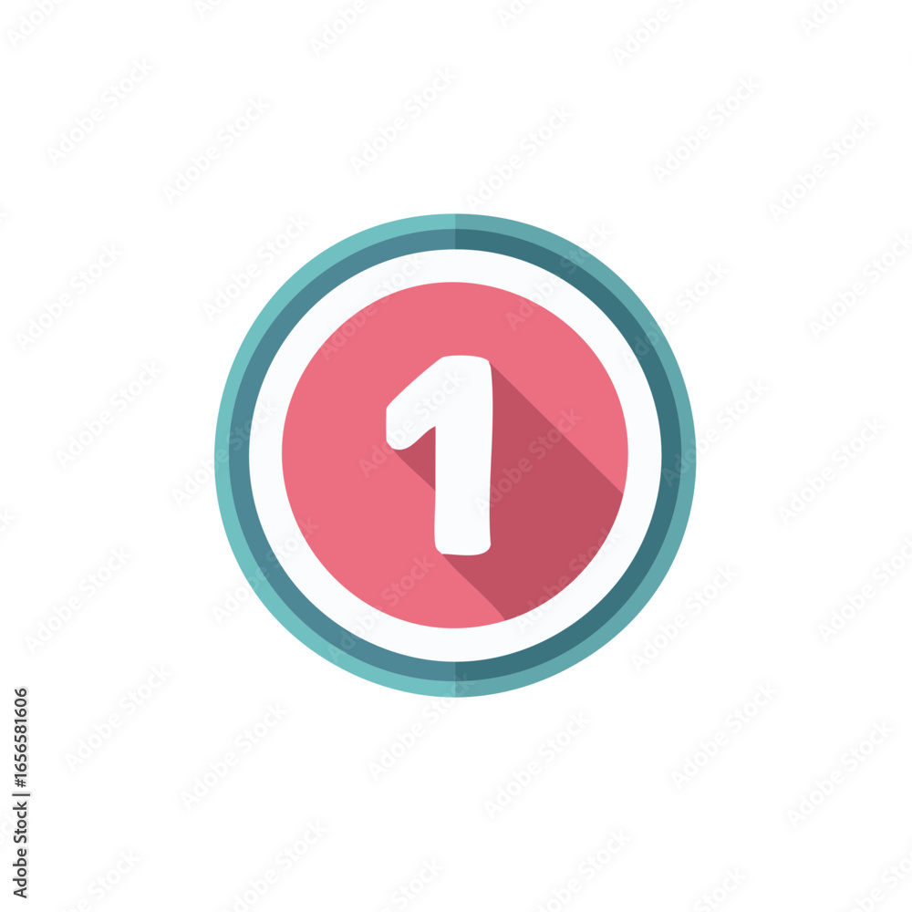 Poster isolated round number one in pink and teal circle with long shadow
