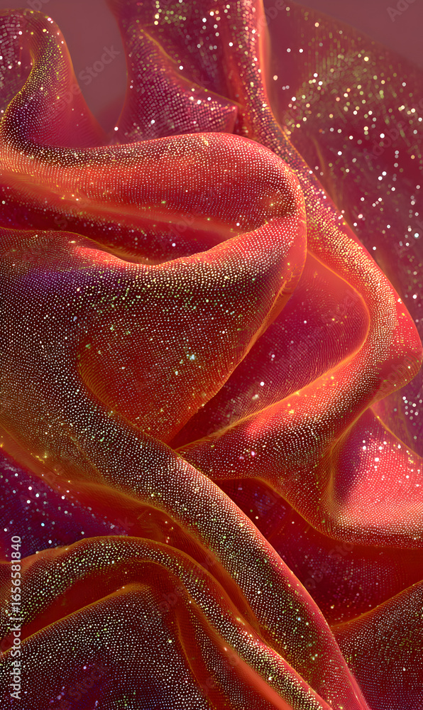 Poster Elegant draped shimmering fabric in shades of coral and mauve creates an alluring abstract background sparkling with luminous particles a captivating display of light and color