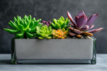 Colorful succulent plants arranged in modern rectangular glass planter against dark background, featuring vibrant green, yellow and purple varieties for home decor.
