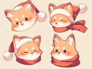 Fototapeta premium Adorable kawaii fox faces wearing winter accessories and santa hats in warm peach tones, expressing different cute emotions. For stickers and greeting cards.