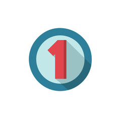 Number one in round blue frame, red number with a drop shadow, flat design