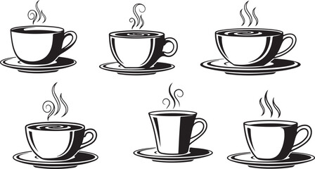 Obraz premium Six Stylized Black and White Illustrations of Steaming Coffee Cups on Saucers hot drink