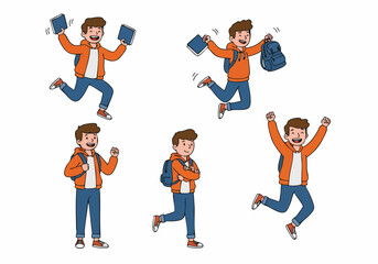 Happy Young Student Cartoon Character in Various Joyful Poses with Books and Backpack, Ready for School or Success