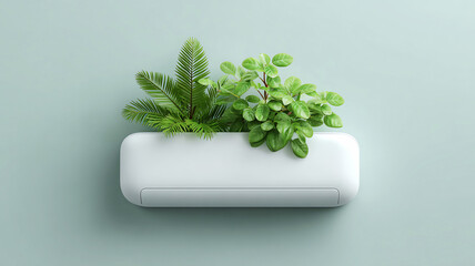 Sleek wall mounted inverter with green plant, modern air conditioner, eco friendly minimal style