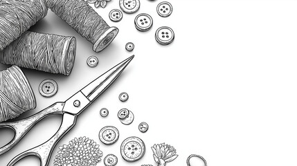 Tailor's Essentials: An elegantly sketched display of tailoring tools, featuring spools of thread, buttons, and a classic pair of scissors, evoking the art of craftsmanship.