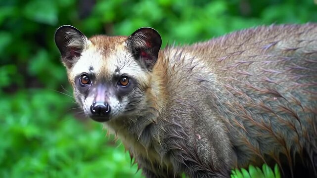 Common Palm Civet with Striking Facial Markings in Lush Green Tropical Forest Habitat