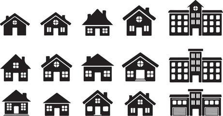 Fototapeta premium Collection of black house and building icons on a white background home silhouette