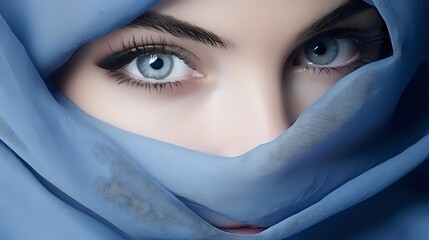 Fototapeta premium Mysterious blue eyes peek through soft blue fabric veil, creating dramatic contrast with long eyelashes and defined brows. Artistic fashion portrait captures enigmatic gaze.