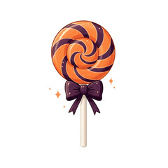 Pixel Art Halloween Lollipop with Orange and Purple Stripes and a Decorative Bow Against a Transparent Backdrop