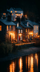 Fototapeta premium Row of houses illuminated at night reflecting in the calm dark water.