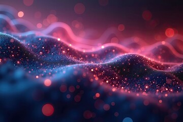 Abstract design of glowing particles creating undulating waves.