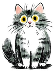 Fototapeta premium Charming gray and white cat with big yellow eyes drawn in soft pencil style on white isolated background, featuring fluffy fur and expressive face. Great for children decor.