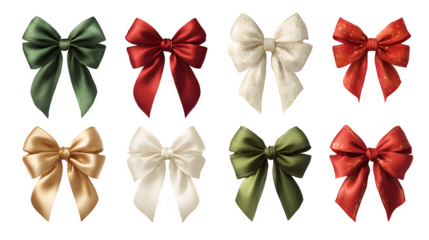 set of decorative Christmas ribbon bows isolated on white background, HD realistic