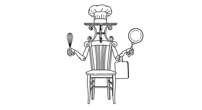chef chair holding kitchen tools, black and white clip art preview