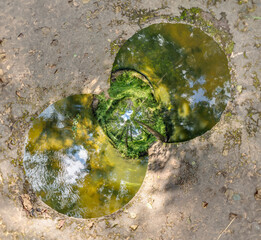 creative tiny planet photo of a rural landscape with dirt road, green fields, and cloudy sky...