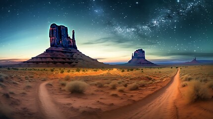 Galaxy core glowing above a full spread of Monument Valley’s plateaus, soft starlight illuminating dusty trails and scattered desert brush 