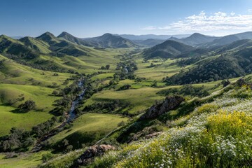 Fototapeta premium Panoramic view of a valley with rolling hills and a meandering river