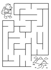 Maze activity sheet for children. Cute maze for kids. Kids labyrinth puzzle. Maze puzzle game for children with cute hiking bear illustration.