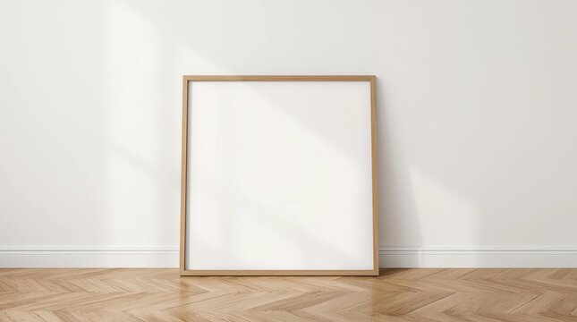 Square rose gold empty pictureframe on wooden floor. Copper frame mock up. 3D illustration