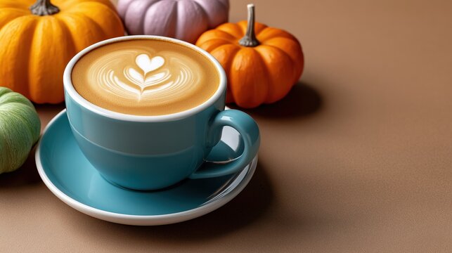 Autumn latte art with colorful mini pumpkins on brown table