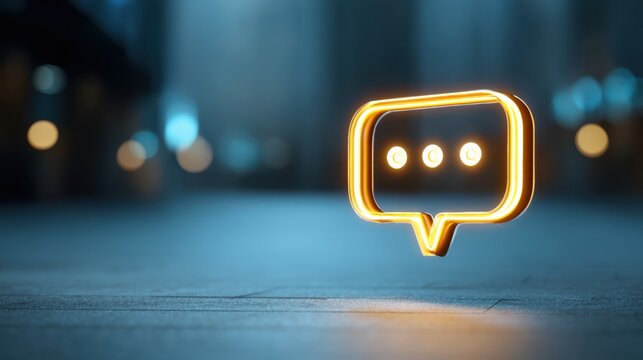 A glowing chat bubble icon is depicted in a dimly lit environment, symbolizing communication and digital interaction. - Powered by Adobe