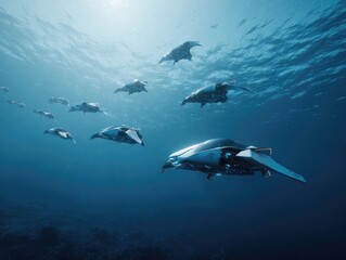 Fototapeta premium Futuristic fleet of underwater vehicles gliding through deep blue ocean