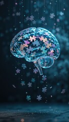 vertical A conceptual puzzle brain with glowing light inside