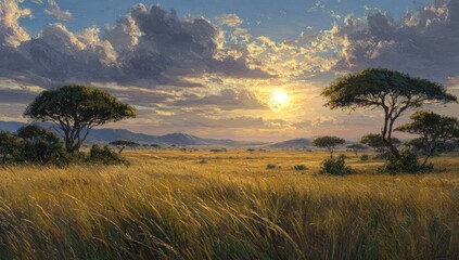Obraz premium Sunset over a golden savanna