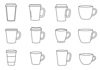 A grid with twelve line art drawings of coffee cups and mugs