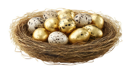 Fototapeta premium golden Easter nest filled with eggs isolated on white background, HD realistic