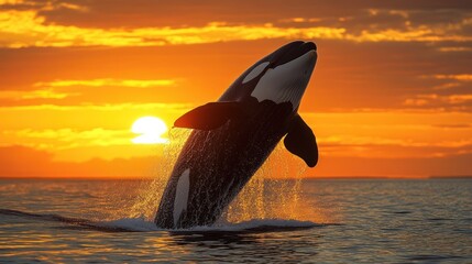 Obraz premium Orca leaps at fiery sunset