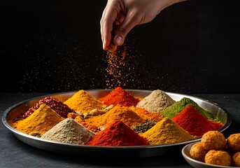 An action shot of a chef's hand sprinkling fragrant seasonings onto a plate of spices.