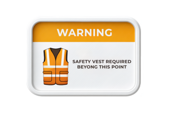 A warning sign indicating that a safety vest is required to proceed.
