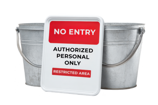 A metal sign reading "NO ENTRY" hangs in front of two metal buckets, indicating access restrictions for authorized personnel only.
