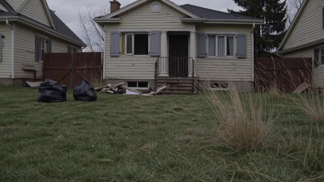 Abandoned house with overgrown lawn and garbage bags in yard  