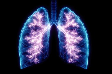 X-ray-like graphic of lungs, highlighted with glowing network