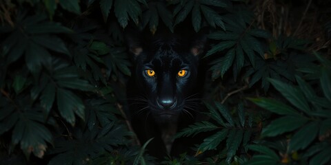 Mysterious black panther with glowing yellow eyes emerges from dense dark jungle foliage at night