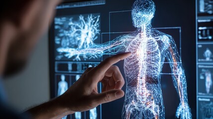 A person pointing at a digital human body interface on a screen with medical data displayed nearby
