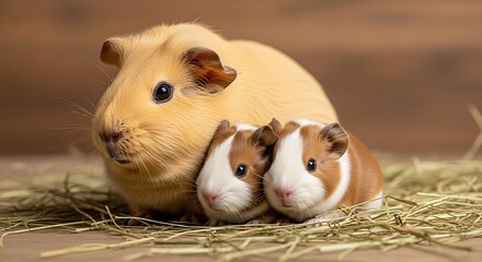 Adorable Guinea Pig Family with Two Babies Sitting on Hay