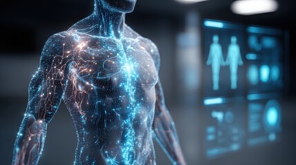 Digital human body with glowing network connections and medical interface in the background view